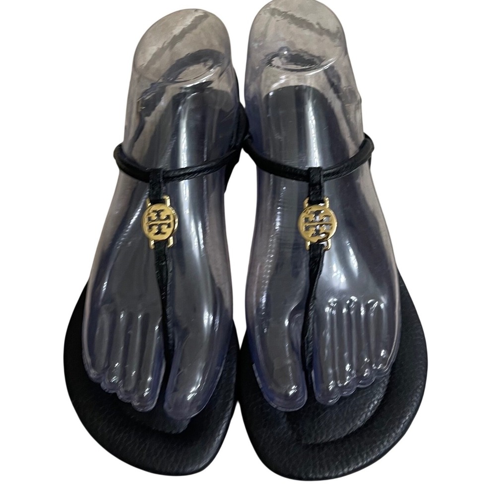 Tory Burch summer travel Black Pebbled Leather Gold Logo Thong Sandals  7M